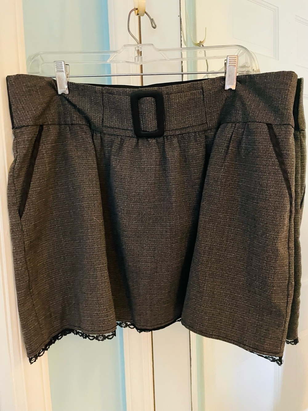 Black Waist Band/ Fabric Covered Belt Buckle tops off this Flirty Grey Skirt!